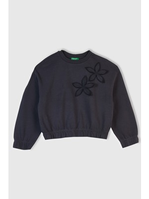United Colors Of Benetton Koyu Gri Kadın / Kız Kj_işlemeli Aplikeli Logo Detaylı Ribana Relaxed Fit Sweatshirt Model Kodu: ( 33NVC10Q8KOYU Gri)