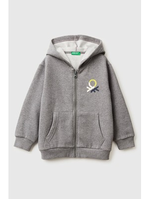United Colors Of Benetton Antrasit Melanj Erkek Ek_önü Logo Baskılı Fermuarlı Regular Fit Kapüşonlu Sweatshirt Model Kodu: ( 3EB5G5043507)