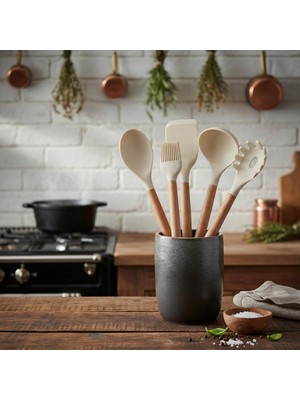 Tiran Natura Serisi 5 Parça Ahşap Saplı Isıya Dayanıklı Yanmaz Yapışmaz Krem Silikon Mutfak Servis Seti -🎁 Sürpriz Hediye(Stoklarla sınırlı)