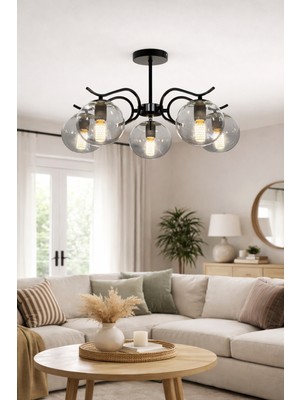 Esslight Lavin 5 Li Plafonyer Füme Glop Camlı Salon Mutfak Yatak Odası Avize