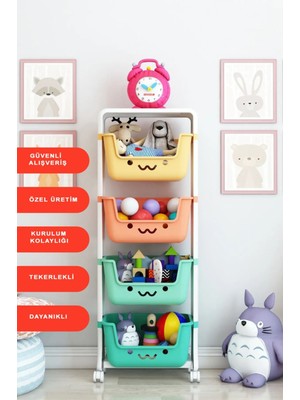 Dekozum Jerry 4 Katlı Oyuncak Dolabı, Oyuncak Organizeri, Sepetli Oyuncak Dolabı Rengarenk