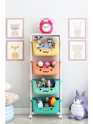 Dekozum 4 Katlı Oyuncak Dolabı, Oyuncak Organizeri, Sepetli Oyuncak Dolabı