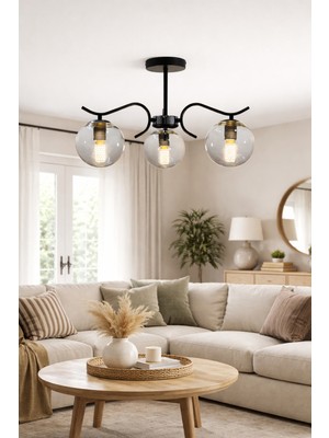 Esslight Lavin 3 Lü Plafonyer Füme Glop Camlı Salon Mutfak Yatak Odası Avize