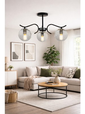 Esslight Lavin 3 Lü Plafonyer Füme Glop Camlı Salon Mutfak Yatak Odası Avize