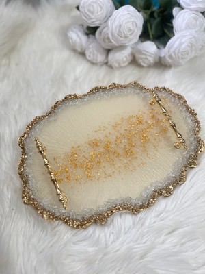 Epoksi Tepsi Gold Detaylı Lüx Nişan Tepsisi