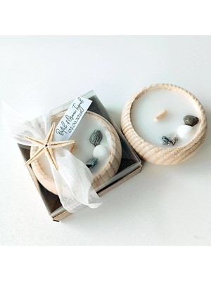 MEKECE Nikah Hediyeliği (50 Adet) Asetat Kutu Içerisinde Deniz Kabuklu Ahşap Tabak Mumluk NKS-293