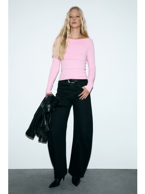 Grimelange Karakola Kadın Organik Pamuklu Kayık Yaka Reglan Kol Slim Fit Pembe Bluz