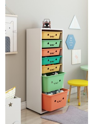 Dekozum Kids 7 Sepetli Gülücüklü Oyuncak Dolabı Oyuncak Kutusu Oyuncak Saklama Box
