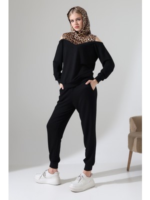 Lubiti Kapşonlu Omuz Dekolteli Eşofman Takım/leopar Desen Üzerine Pul Işlemeli Sweet