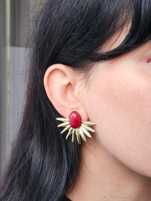 Miruva  Gold Renk Bordo Taşlı Çelik Kadın Küpe