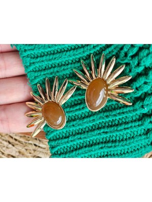 Miruva Gold Renk Kahverengi Taşlı Çelik Kadın Küpe