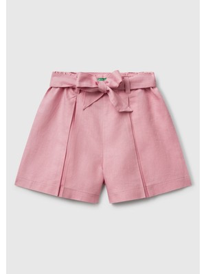 United Colors Of Benetton Pembe Kadın / Kız Kk_keten Karışımlı Beli Lastikli Kuşaklı Pileli Bermuda Şort Model Kodu: ( 43WBG902G09J)