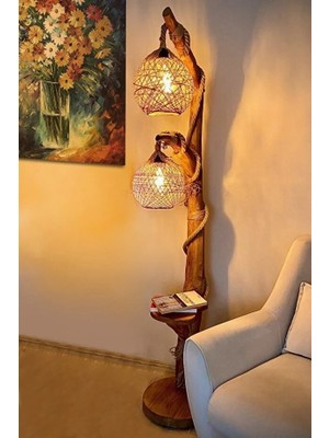 Lambader Kahverengi Doğal Ağaç Yalıkavak Serisi Çift Küre Aydınlatma 140CM