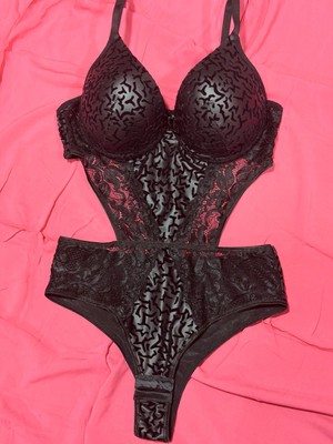 Dantelli Push-Up Dolgulu Fantezi Bodysuit Gecelik - Siyah