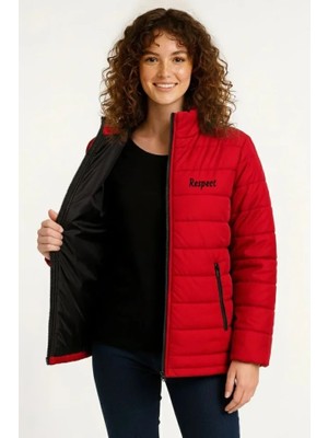 Mikro Su Itici Kapitone Baskılı Astarlı Fermuarlı Bomber Mont - Kırmızı