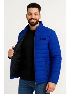 Erkek Mikro Su Itici Kapitone Baskılı Astarlı Fermuarlı Bomber Mont - Saks Mavisi