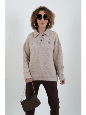 Zelish My Sister Vizon Polo Yaka Nakışlı Kazak