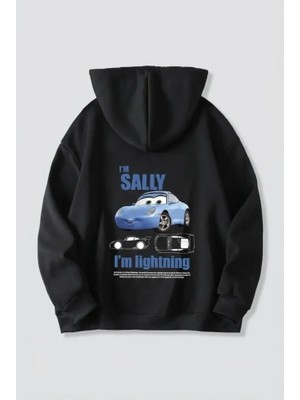 Defy Moda Sevgililer Günü Özel Kapüşonlu Araba Baskılı Oversize Sweatshirt - Siyah
