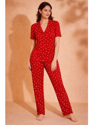 Desenli Kırmızı Kadın Pijama Takımı