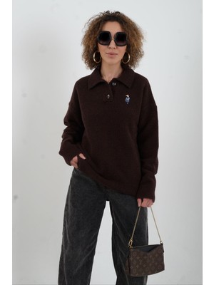 Zelish My Sister Kahve Polo Yaka Nakışlı Kazak