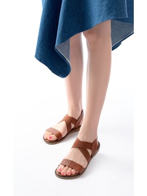 Arda A205-04 Hakiki Deri Taba Kadın Sandalet - Tek Bantlı Lastikli Ortopedik Taban