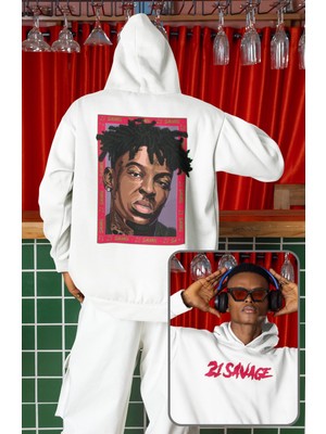 Fuddy Moda Unisex 21 Savage Sırt Baskılı Kapüşonlu Sweatshirt, Oversize Rapper Temalı Hoodie