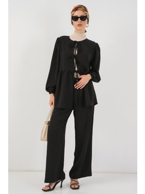 Queene Dreams Önü Bağcıklı Tunik Pantolon Ikili Takım 6744 - Siyah