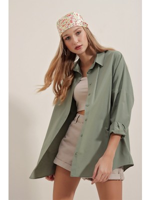 Queene Dreams Haki Oversize Uzun Basic Gömlek 3900