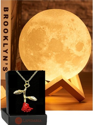 Özbience 3D Ahşap Ay Gece Lambası, Gül Kolye Hediyeli, Küre LED Başucu Lambası
