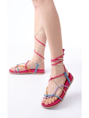Arda A1001 Fuşya Multi Bilekten Bağcıklı Kadın Sandalet - Renkli Yazlık Model