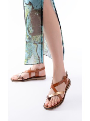 Arda A205-08 Hakiki Deri Taba Garni Kadın Sandalet - Ortopedik Konfor Taban