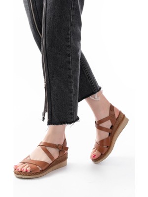 Arda A731-045 Hakiki Deri Taba Kadın Sandalet - Çapraz Bantlı Dolgu Topuklu Model