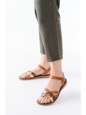 Arda A205-093 Taba Garni Hakiki Deri Kadın Sandalet  Tam Ortopedik ve Yumuşak Taban