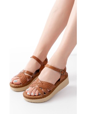 Arda A730-138 Hakiki Deri Taba Örgü Kadın Sandalet - Ortopedik Konfor Taban