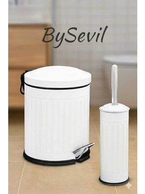 Özbience Vintage Beyaz 2'li Çöp Kutusu ve Wc Fırçası Seti, 5 Litre, Çizgili