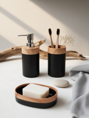 Özbience Ahşap Görünüm Banyo Seti, Katı ve Sıvı Sabunluk, Diş Fırçalık Seti
