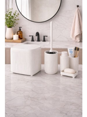 Özbience Şık Modern Banyo Aksesuar Seti, 5 Parça, Click Kapaklı Çöp Kovası ve Sabunluk