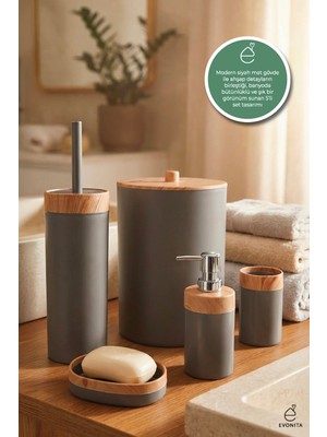 Özbience Ahşap Desenli 5'li Banyo Seti: Çöp Kovası, Sabunluk, Diş Fırçalık, Sabunluk