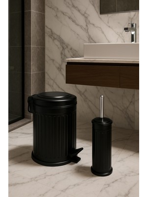 Özbience Şık Siyah Çöp Kutusu ve Wc Fırçası Seti, 5 Litre, Çizgili Tasarım