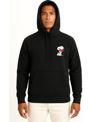 Bahriyeli Collection Kapüşonlu Snopy Kalp Sarılma Cep Baskılı Unisex Sweatshirt