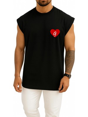 Bahriyeli Collection Oversize Sevgililer Günü Özel Kalp Içinde G Harfi Cep Baskılı Atlet