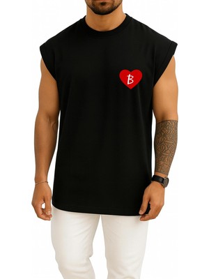 Bahriyeli Collection Oversize Sevgililer Günü Özel Kalp Içinde B Harfi Cep Baskılı Atlet