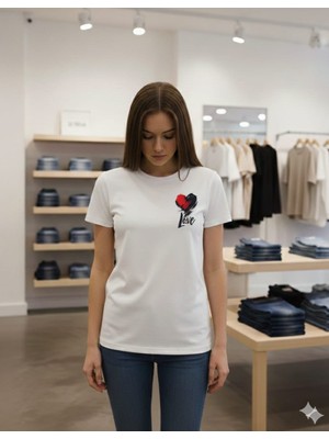 Sevgililer Günü Siyah Beyaz Kalp Baskılı Tasarım Pamuklu Unisex T-Shirt