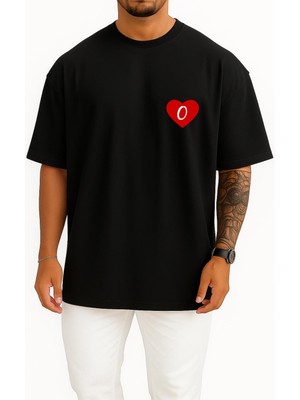 Bahriyeli Collection Oversize Sevgililer Günü Özel Kalp Içinde O Harfi Cep Baskılı Unisex T-Shirt