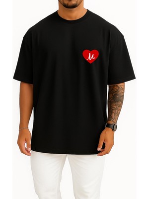 Bahriyeli Collection Oversize Sevgililer Günü Özel Kalp Içinde M Harfi Cep Baskılı Unisex T-Shirt