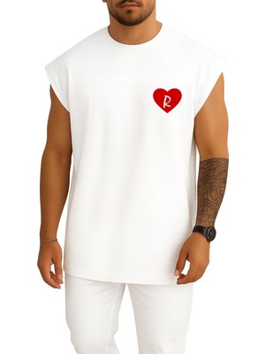 Bahriyeli Collection Oversize Sevgililer Günü Özel Kalp Içinde R Harfi Cep Baskılı Atlet