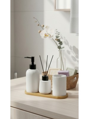 Özbience Bambu Tabaklı Seramik 3'lü Banyo Seti, Şık ve Fonksiyonel Tasarım