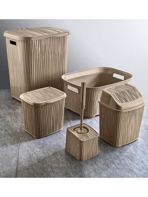 Özbience Dalgalı 5 Parça Banyo Seti, Kirli Çamaşır Sepeti ve Deterjanlık