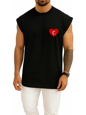 Bahriyeli Collection Oversize Sevgililer Günü Özel Kalp Içinde C Harfi Cep Baskılı Atlet