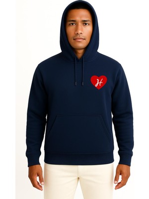 Bahriyeli Collection Kapüşonlu Sevgililer Günü Özel Kalp Içinde H Harfi Cep Baskılı Unisex Sweatshirt